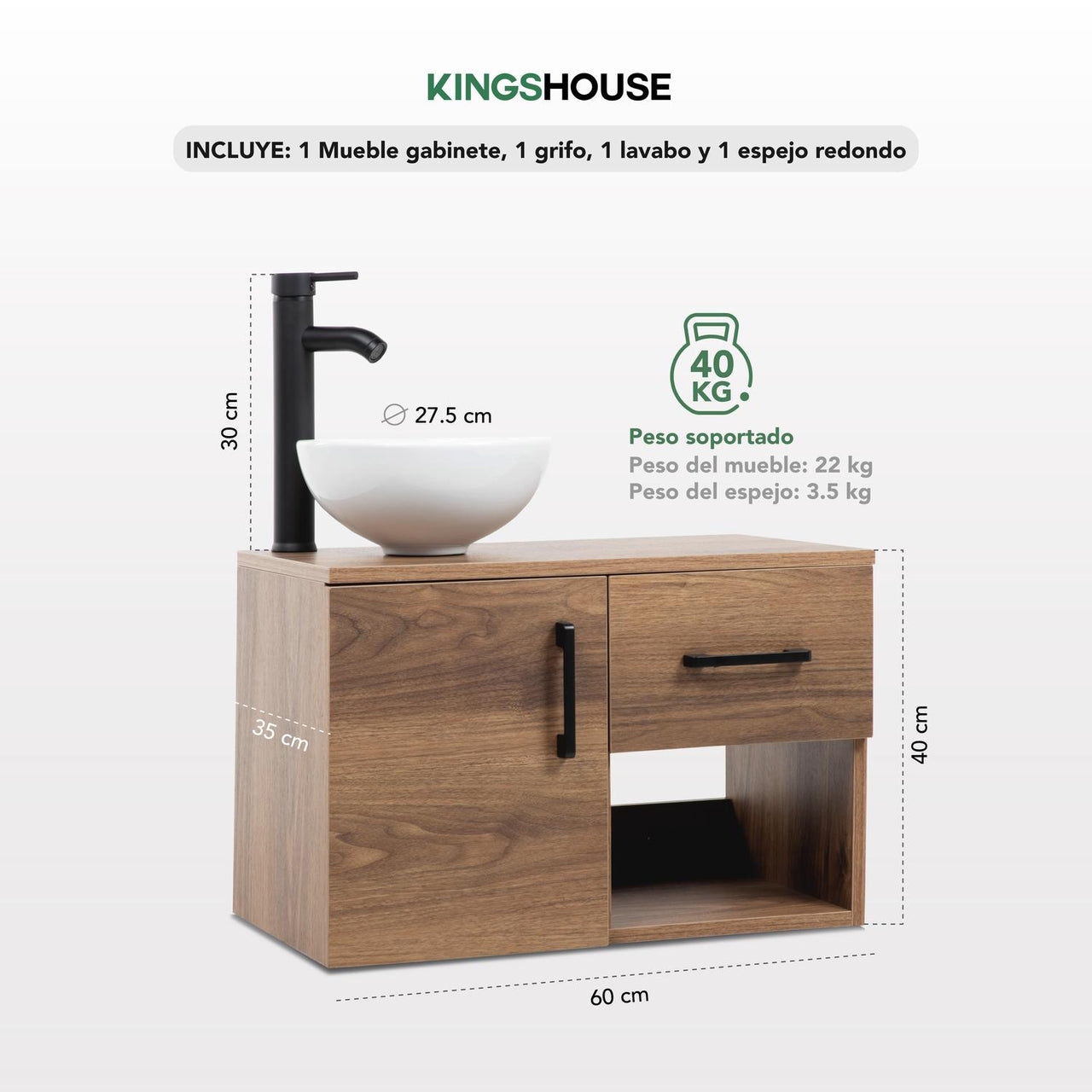 Mueble Flotante Baño con Lavabo + Espejo Redondo LED