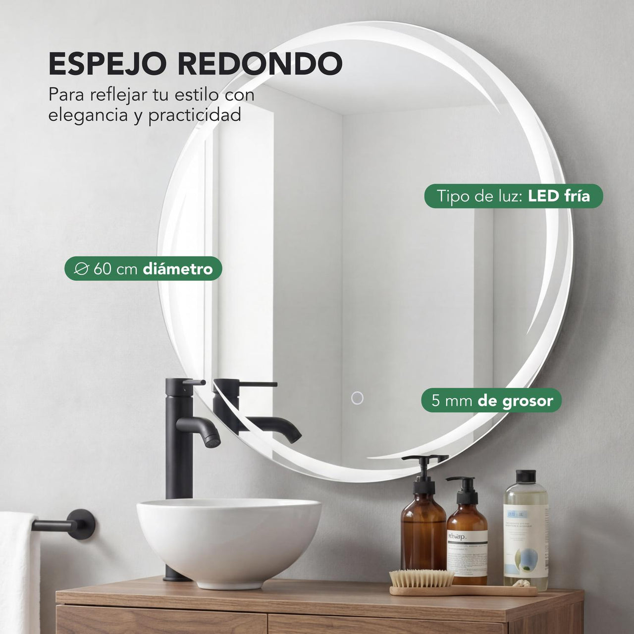 Mueble Flotante Baño con Lavabo + Espejo Redondo LED