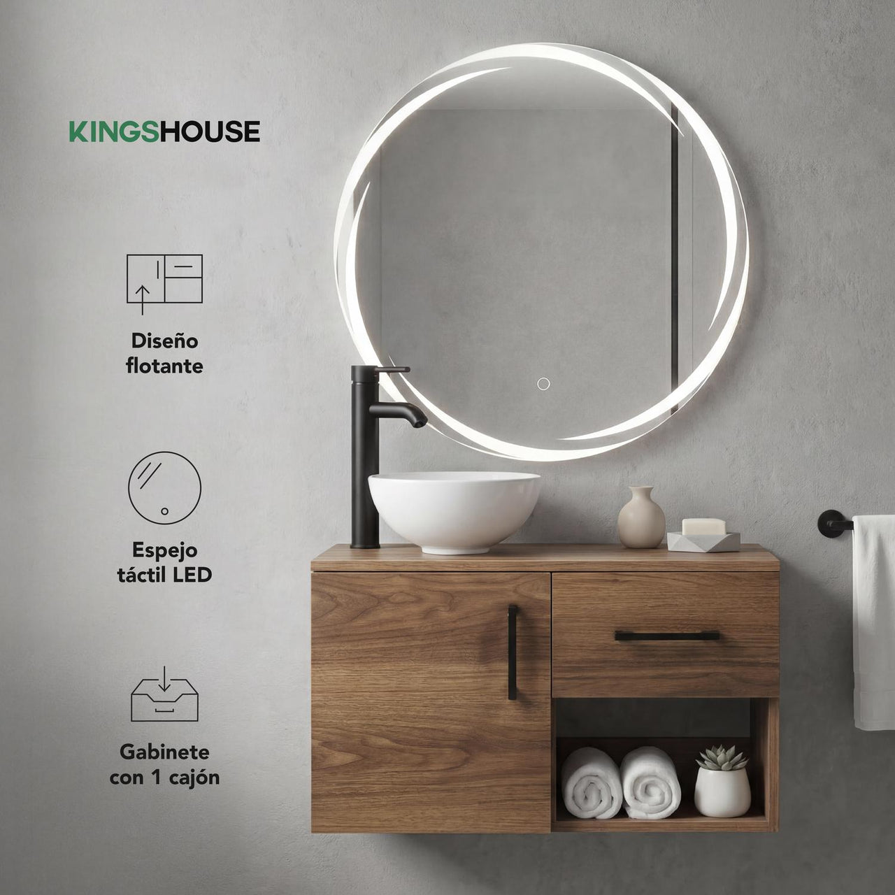 Mueble Flotante Baño con Lavabo + Espejo Redondo LED