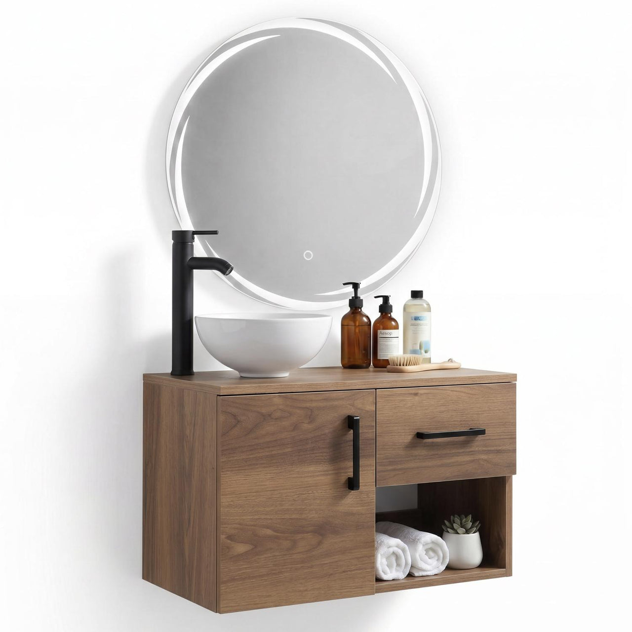 Mueble Flotante Baño con Lavabo + Espejo Redondo LED