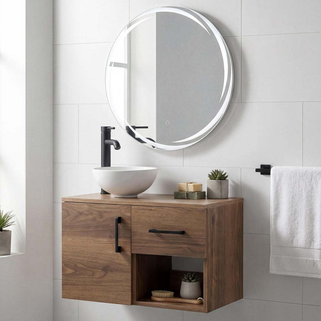 Mueble Flotante Baño con Lavabo + Espejo Redondo LED