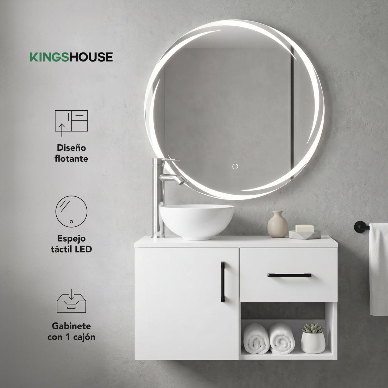 Mueble Flotante Baño con Lavabo + Espejo Redondo LED
