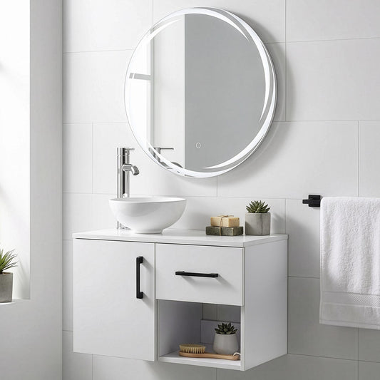 Mueble Flotante Baño con Lavabo + Espejo Redondo LEDBATHSET-BLA