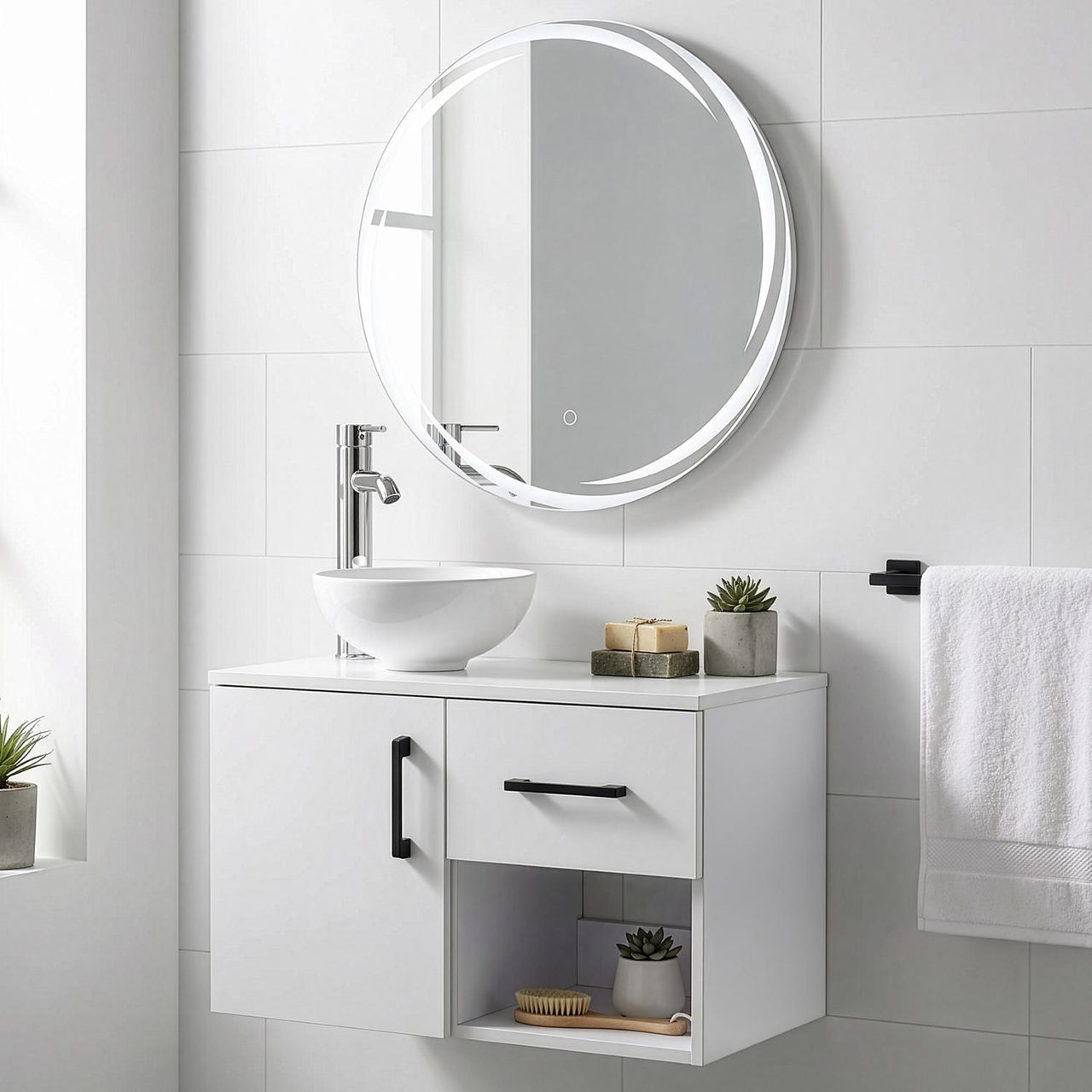 Mueble Flotante Baño con Lavabo + Espejo Redondo LED