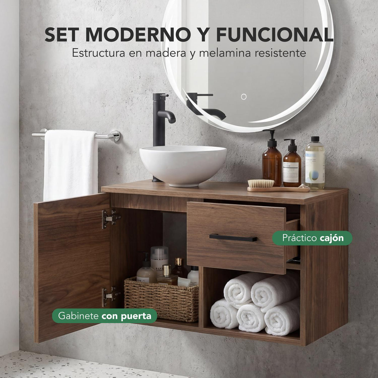 Mueble Flotante Baño con Lavabo + Espejo Redondo LED