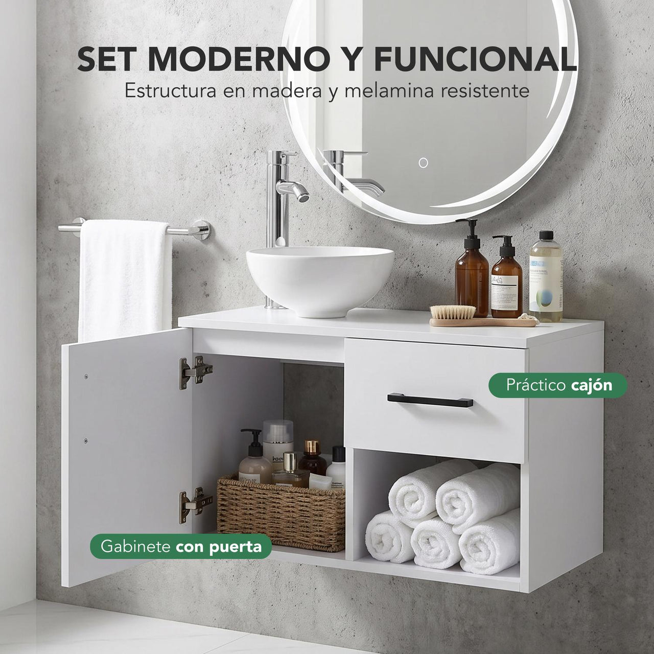 Mueble Flotante Baño con Lavabo + Espejo Redondo LED