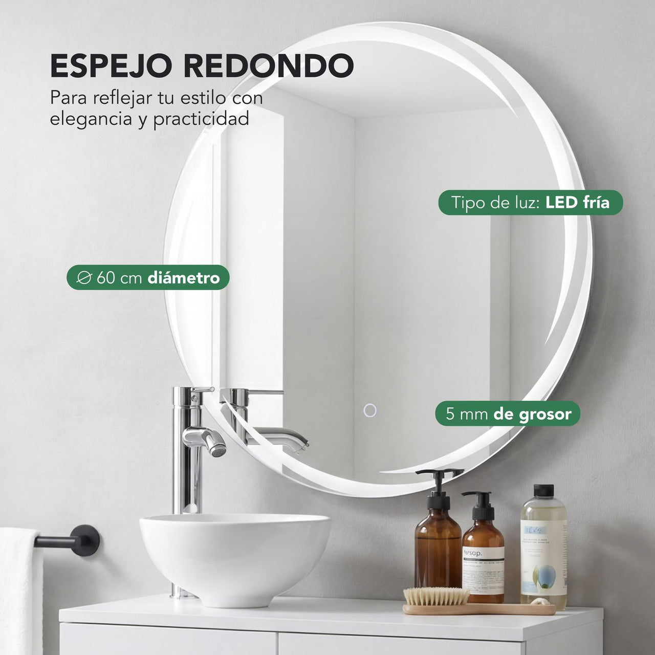 Mueble Flotante Baño con Lavabo + Espejo Redondo LED