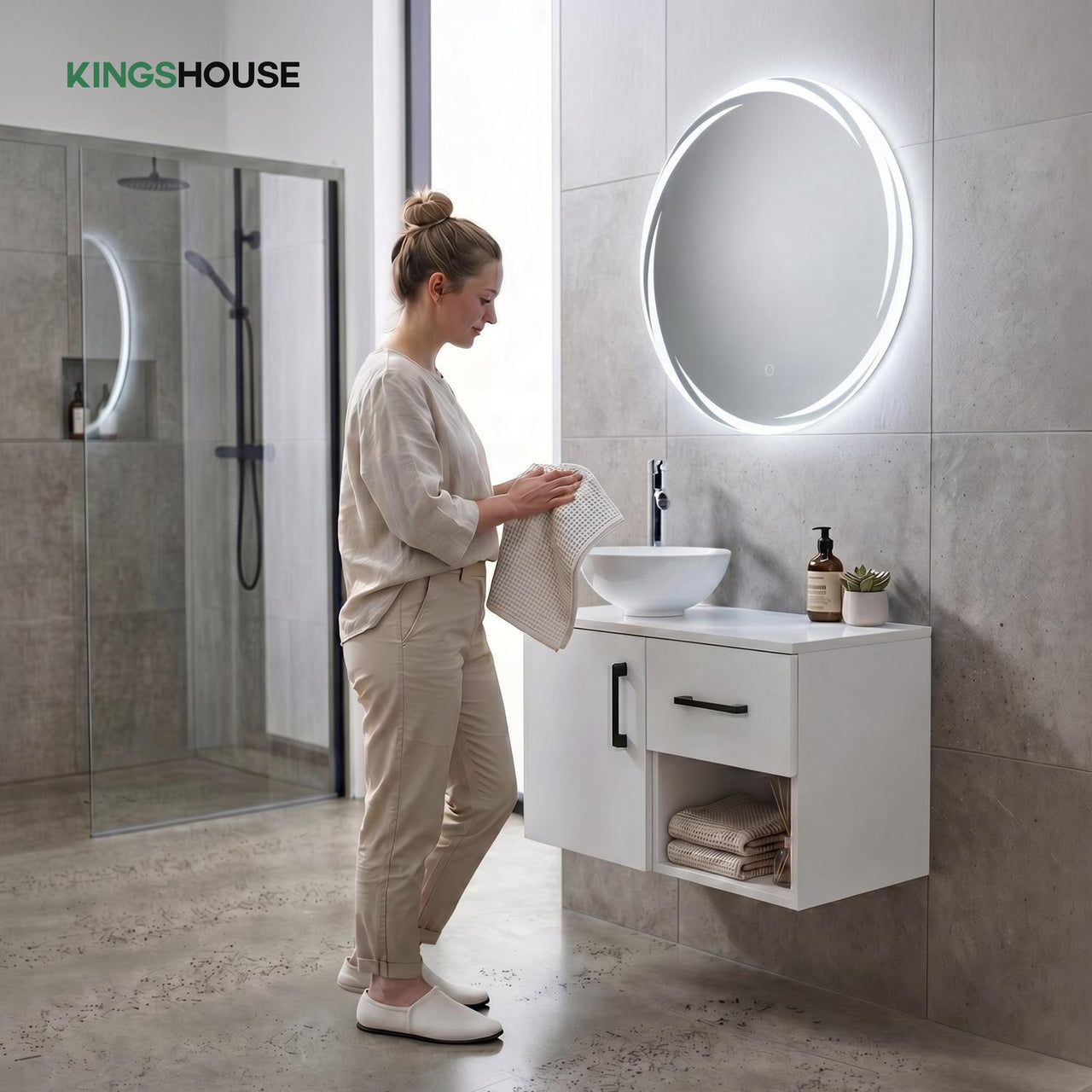 Mueble Flotante Baño con Lavabo + Espejo Redondo LED