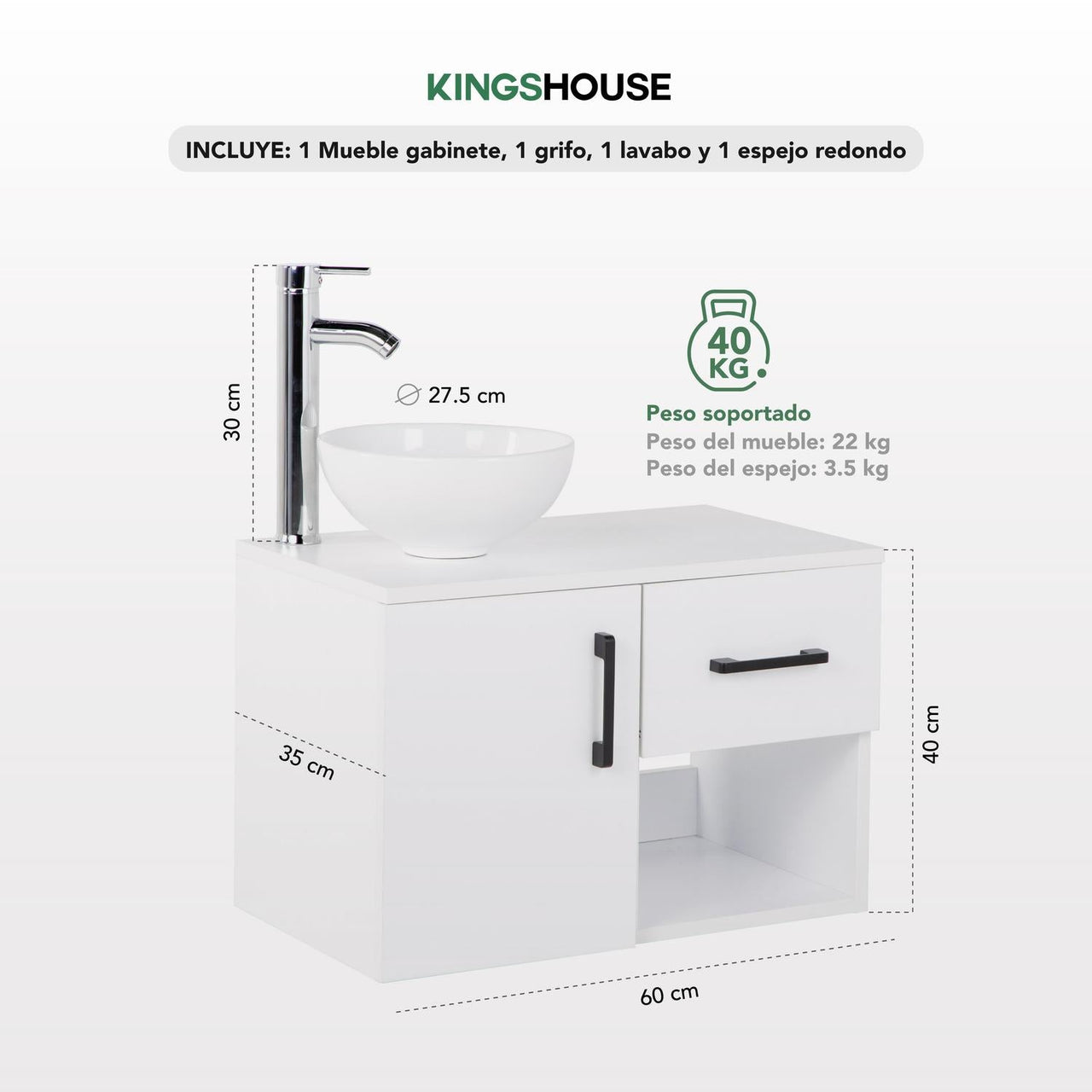 Mueble Flotante Baño con Lavabo + Espejo Redondo LED