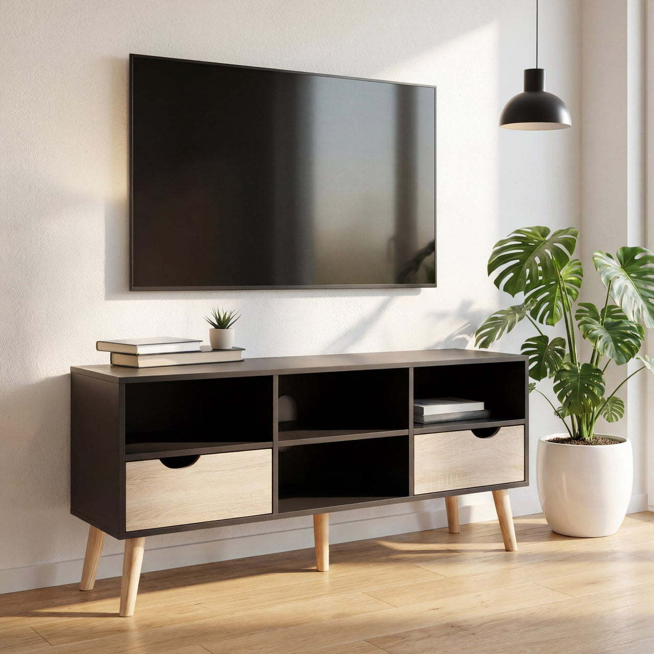 Mueble TV 50” con Almacenamiento Moderno de Madera