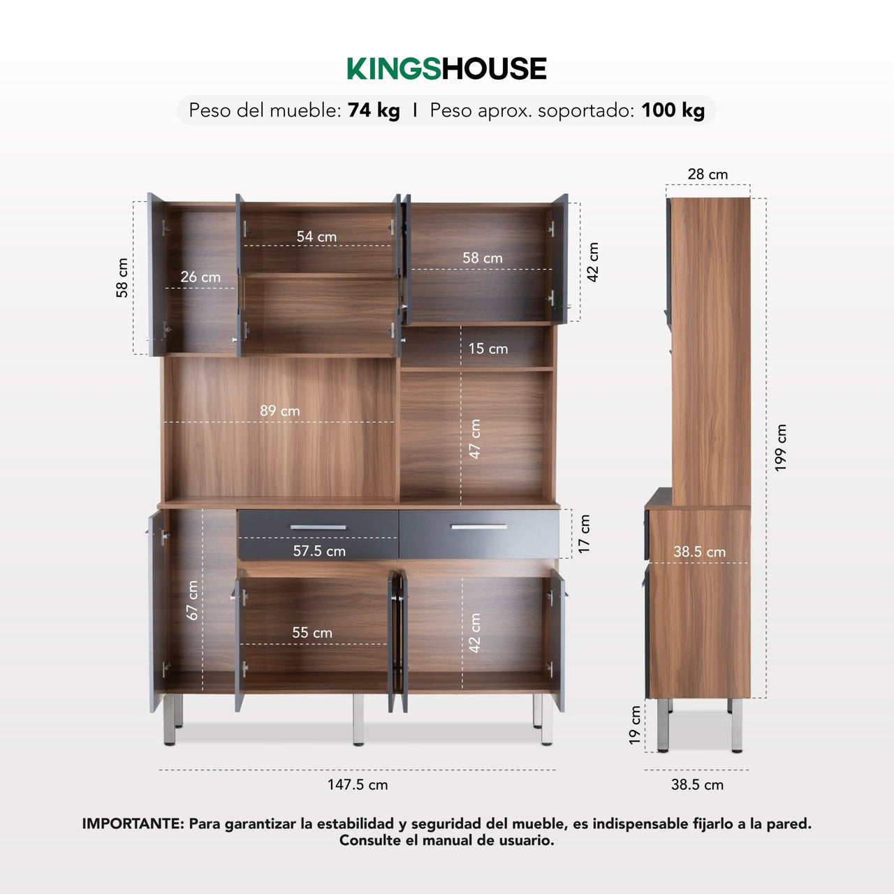 Rack Alacena de Cocina de Madera con 10 Puertas 2 Cajones