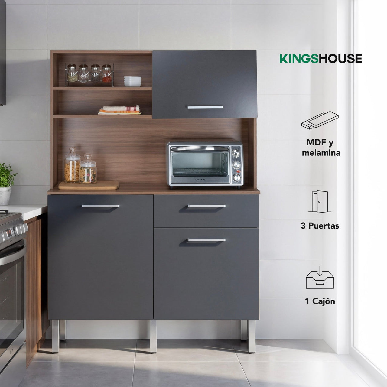 Rack Alacena de Cocina de Madera con 3 Puertas y 1 Cajón