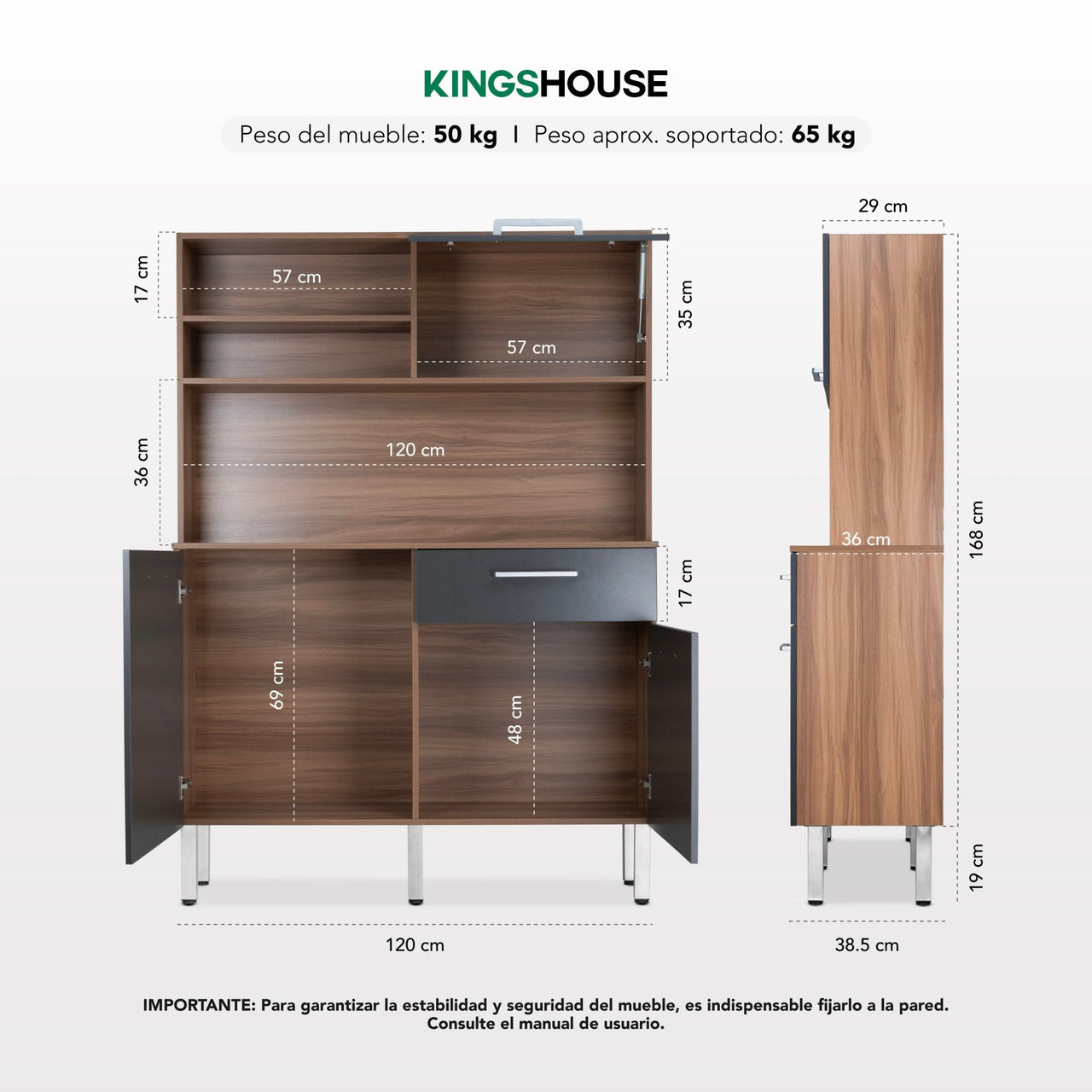 Rack Alacena de Cocina de Madera con 3 Puertas y 1 Cajón