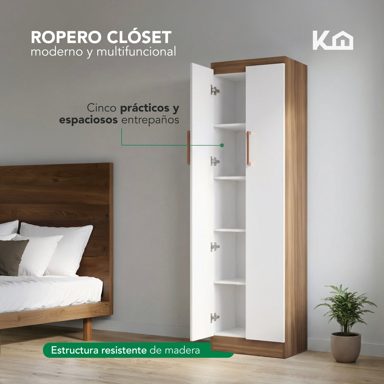 Ropero Closet Armario de Madera 2 Puertas y 5 Entrepaños