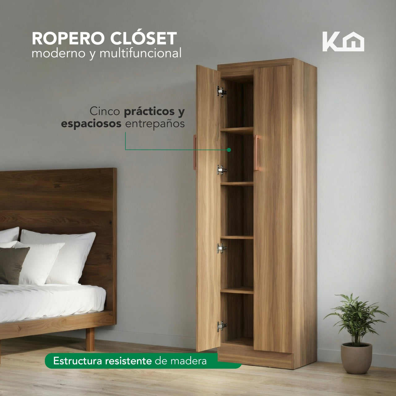 Ropero Closet Armario de Madera 2 Puertas y 5 Entrepaños