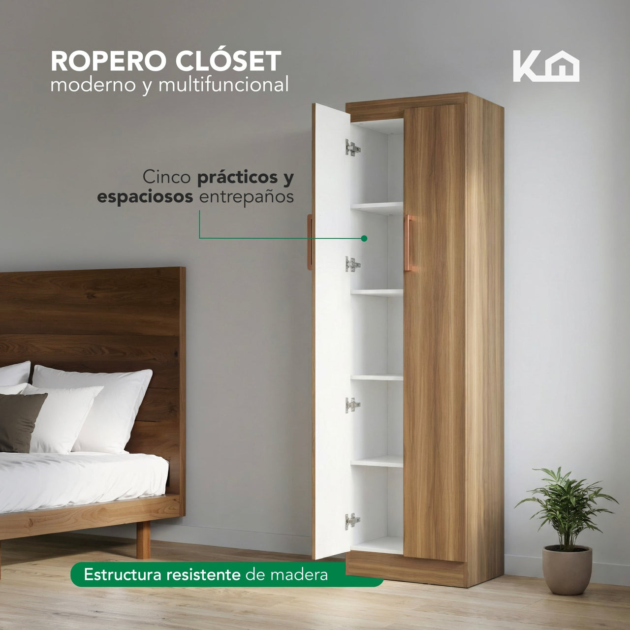 Ropero Closet Armario de Madera 2 Puertas y 5 Entrepaños