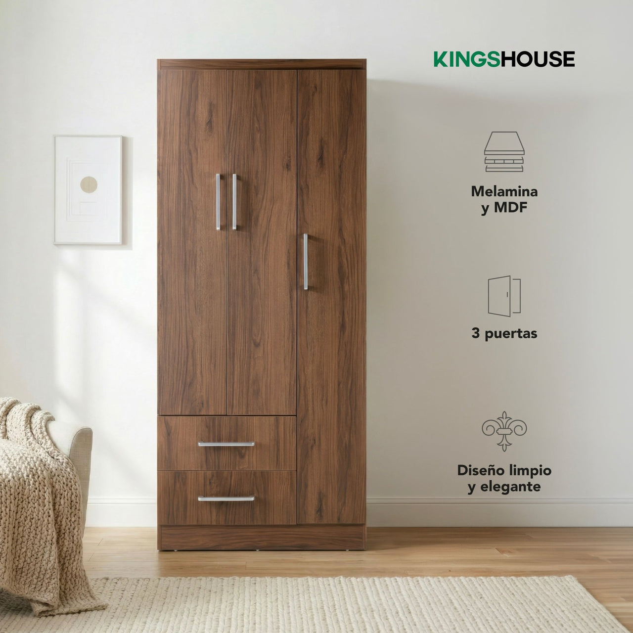 Ropero Closet Armario Ropa de Madera 3 Puertas y 2 Cajones