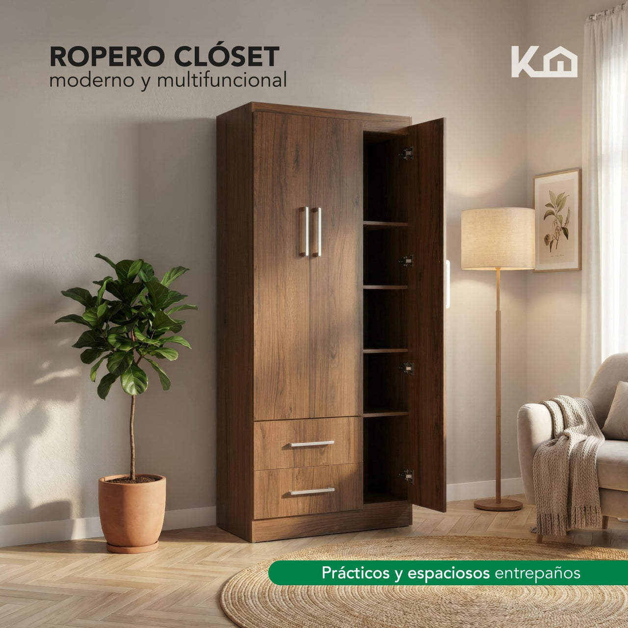 Ropero Closet Armario Ropa de Madera 3 Puertas y 2 Cajones