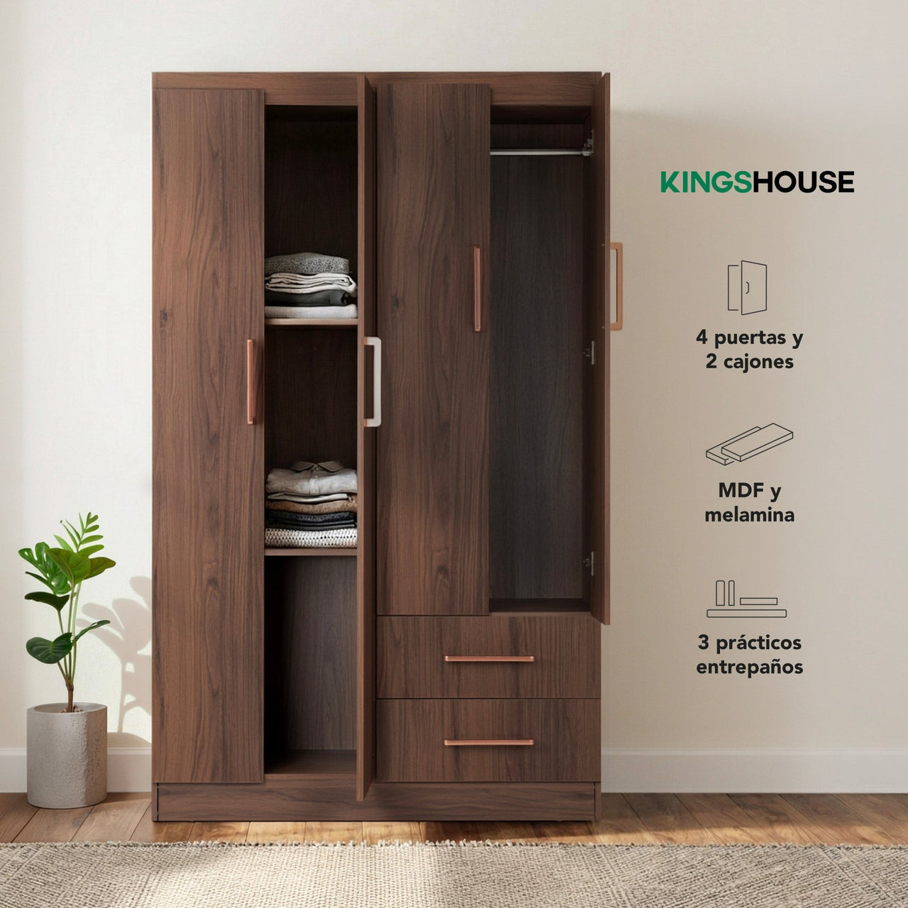 Ropero Closet Armario Ropa de Madera 4 Puertas y 2 Cajones