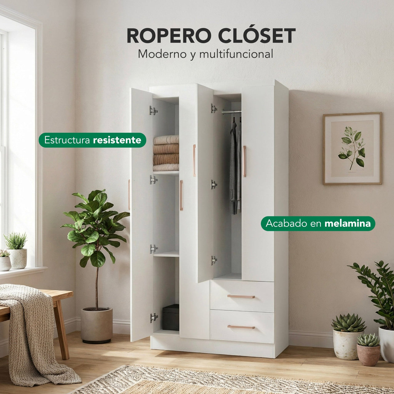 Ropero Closet Armario Ropa de Madera 4 Puertas y 2 Cajones