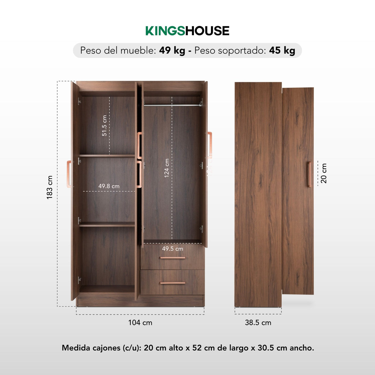 Ropero Closet Armario Ropa de Madera 4 Puertas y 2 Cajones