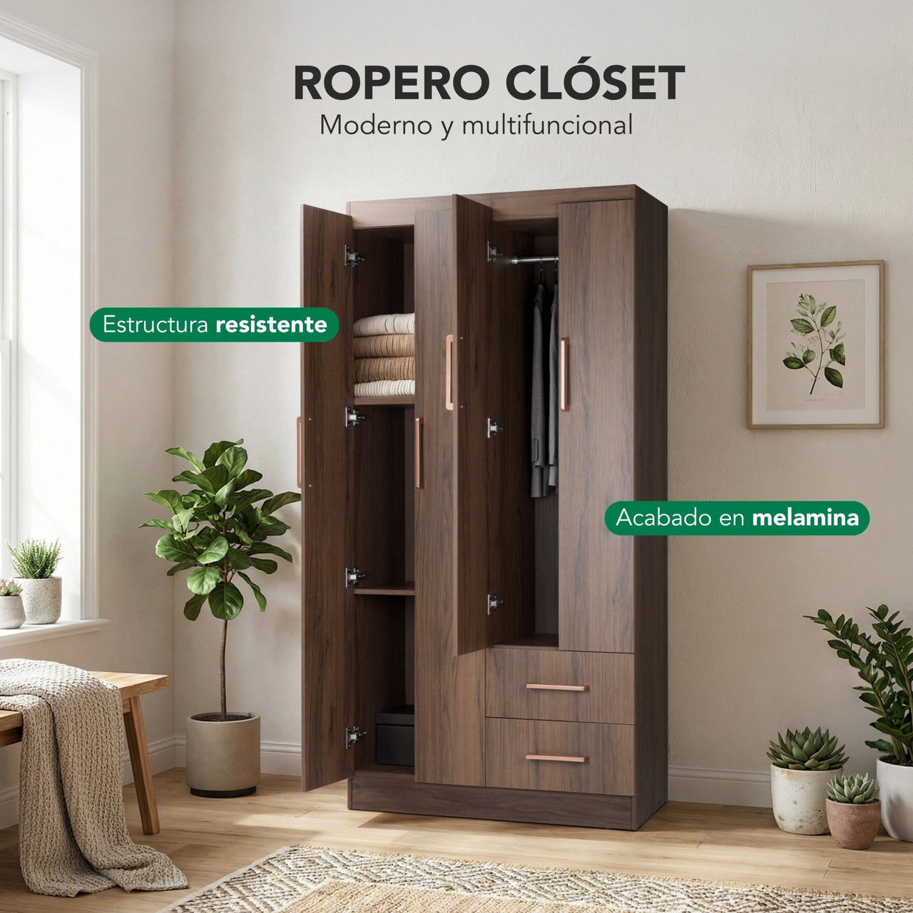 Ropero Closet Armario Ropa de Madera 4 Puertas y 2 Cajones