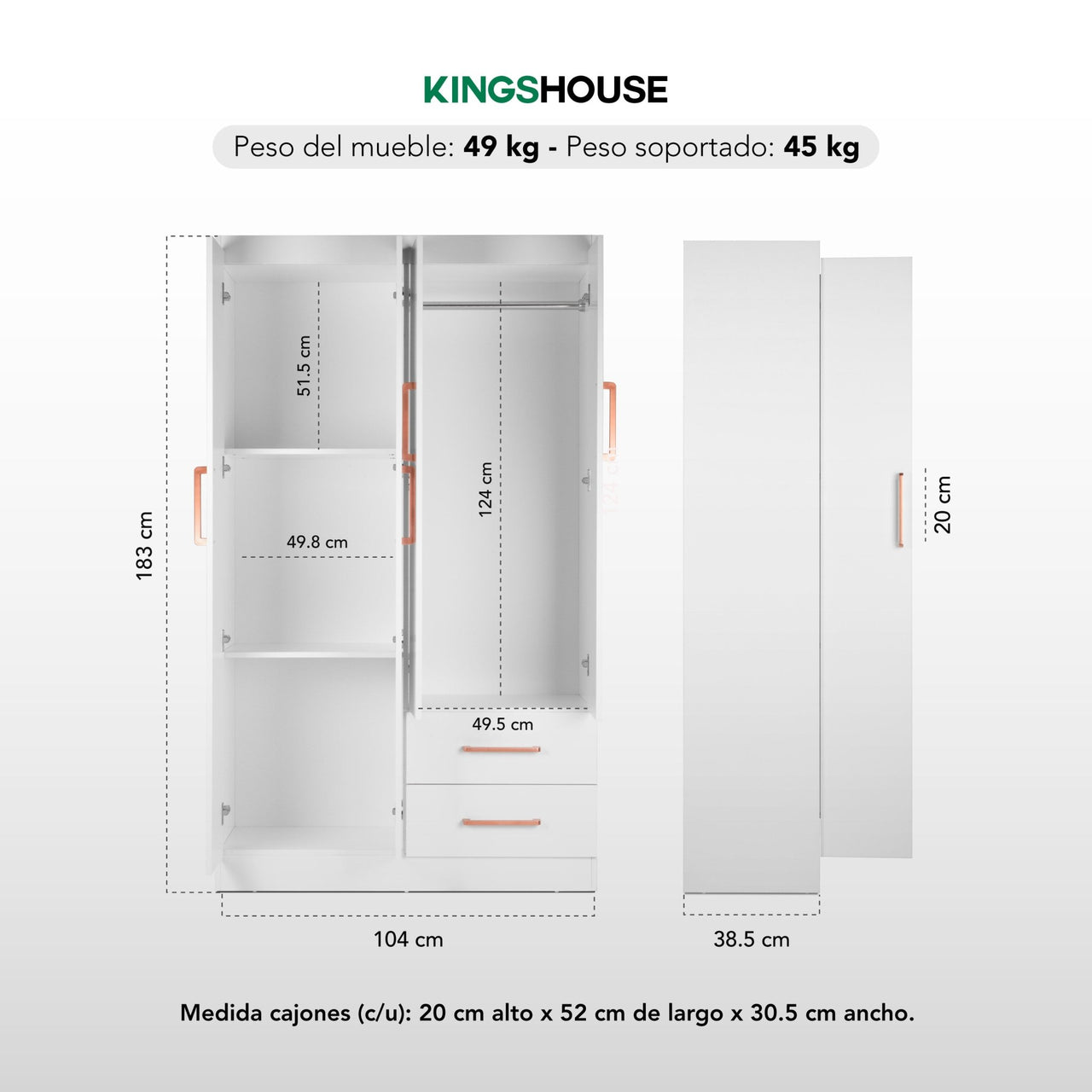 Ropero Closet Armario Ropa de Madera 4 Puertas y 2 Cajones