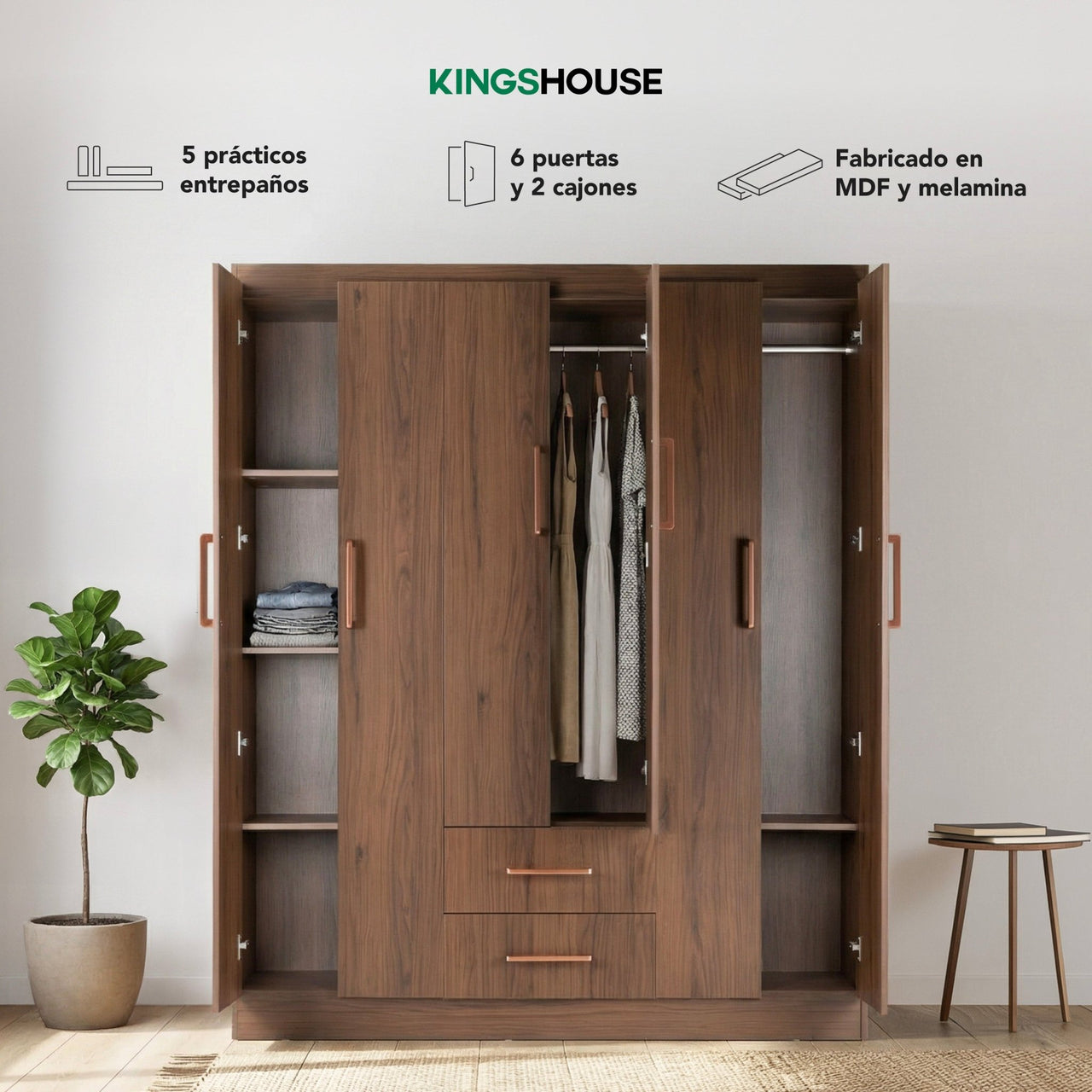 Ropero Closet Armario Ropa de Madera 6 Puertas y 2 Cajones