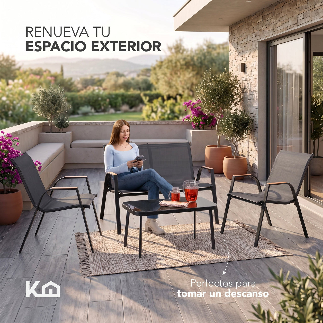 Sala Exterior Jardín Patio 4 Piezas Mesa De Vidrio