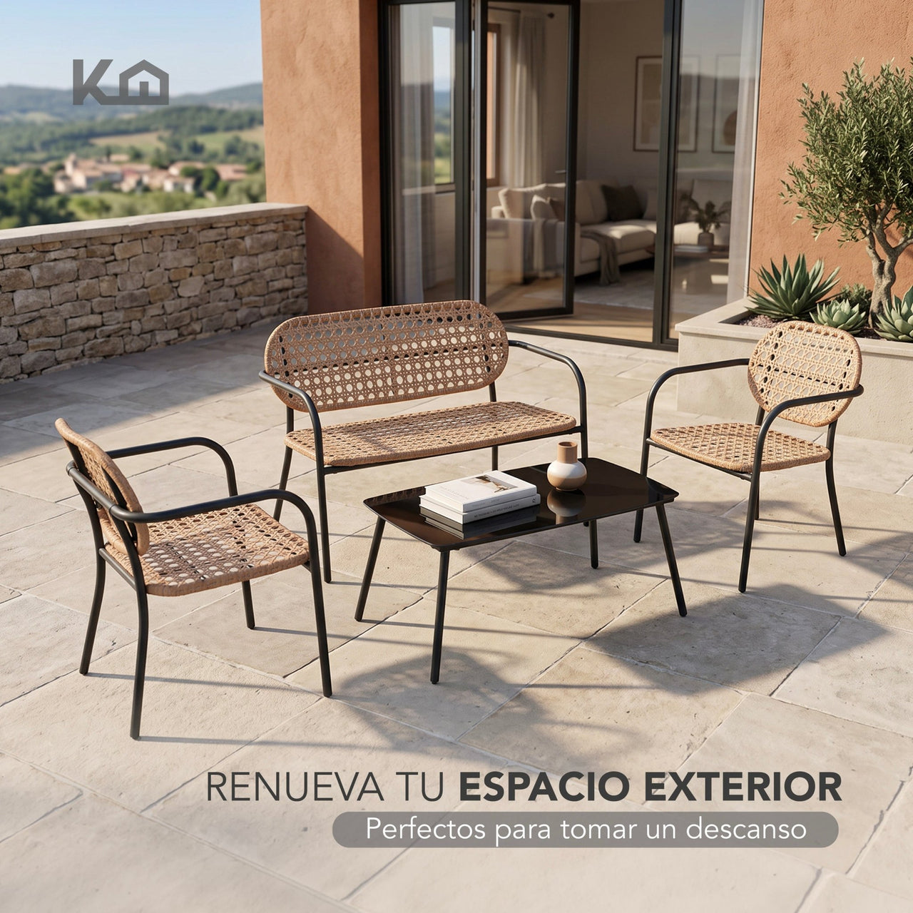 Sala Exterior Jardín Terraza 4 Piezas Mesa De Vidrio