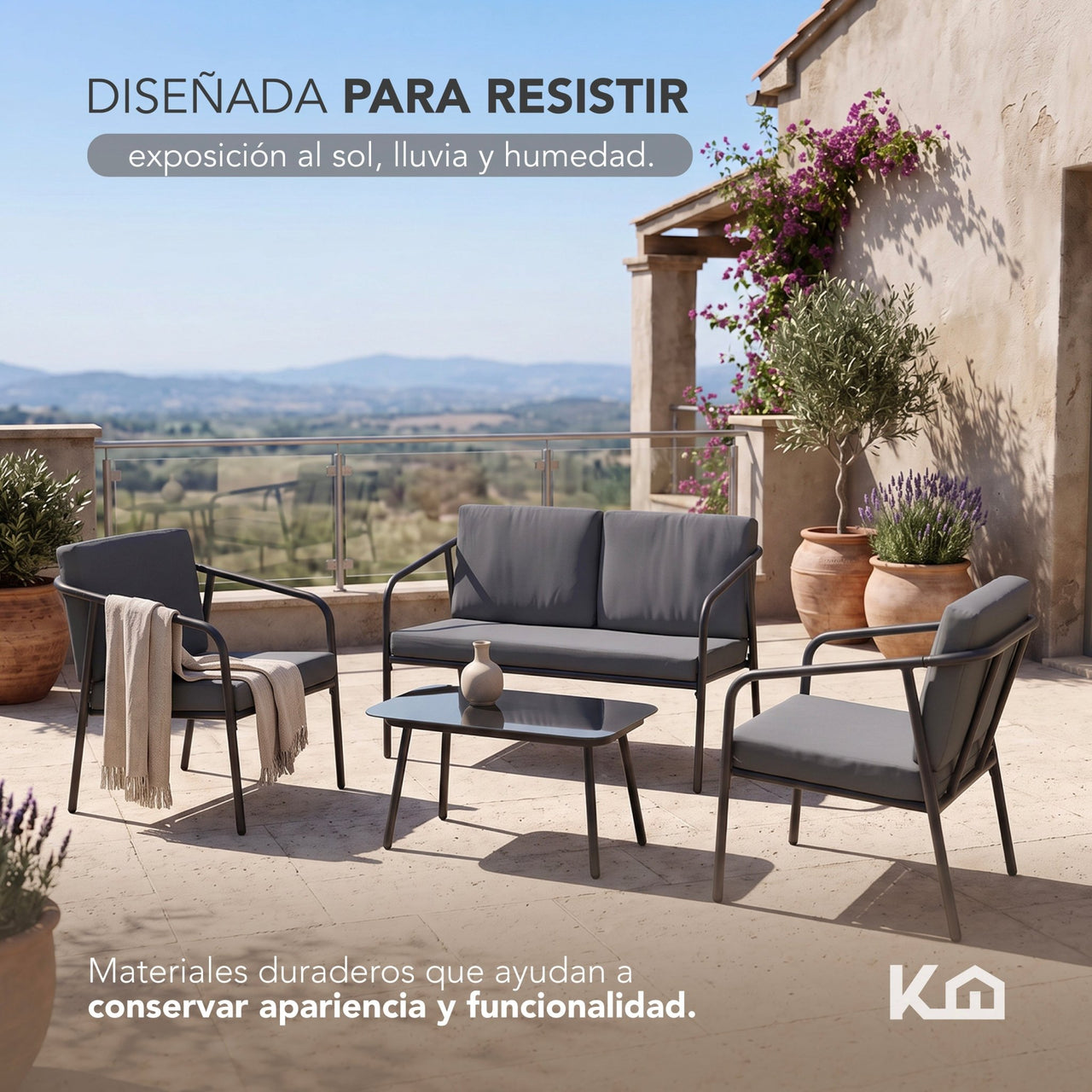 Sala Exterior Jardín Terraza 4 Piezas Mesa De Vidrio