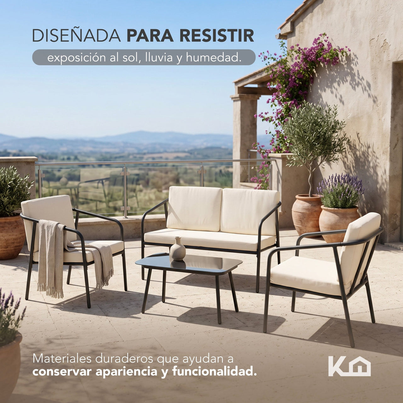Sala Exterior Jardín Terraza 4 Piezas Mesa De Vidrio