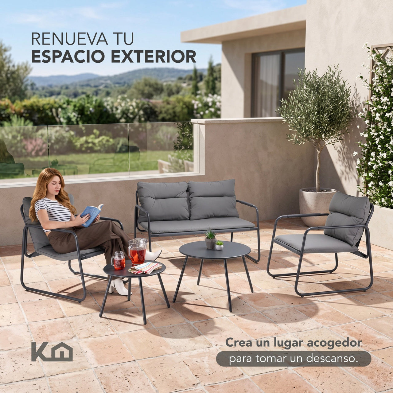Sala Exterior Jardín Terraza 5 Piezas 2 Mesas De Metal
