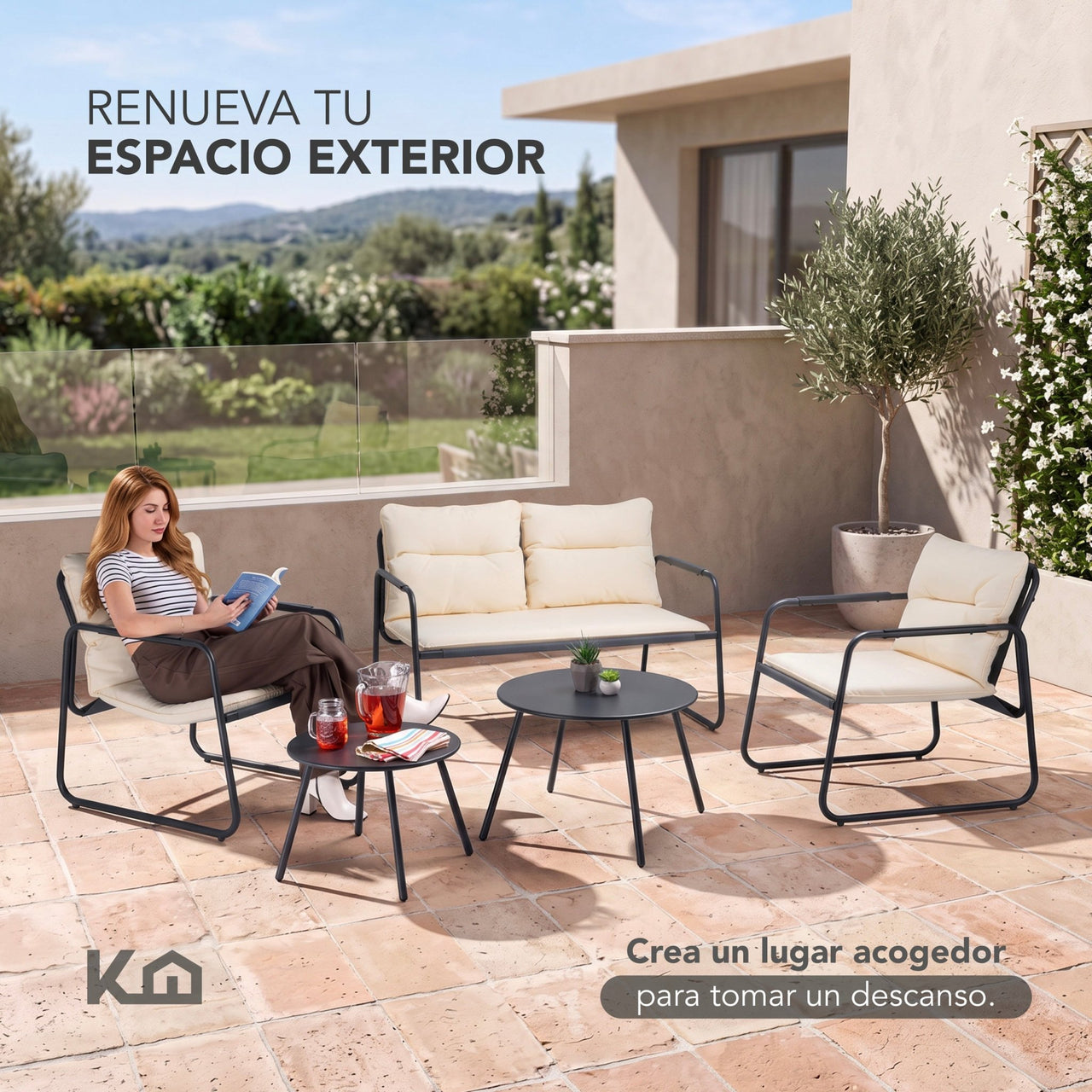 Sala Exterior Jardín Terraza 5 Piezas 2 Mesas De Metal