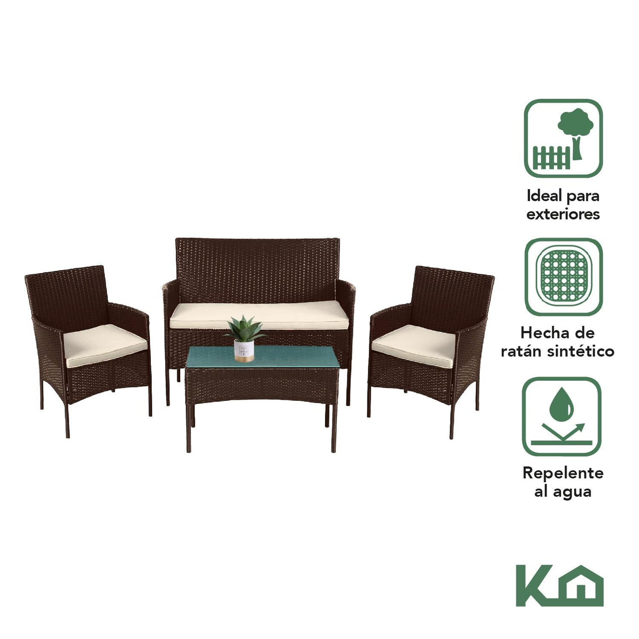 Sala Rattan Para Exterior Jardin Mimbre Marron Cojines Beige