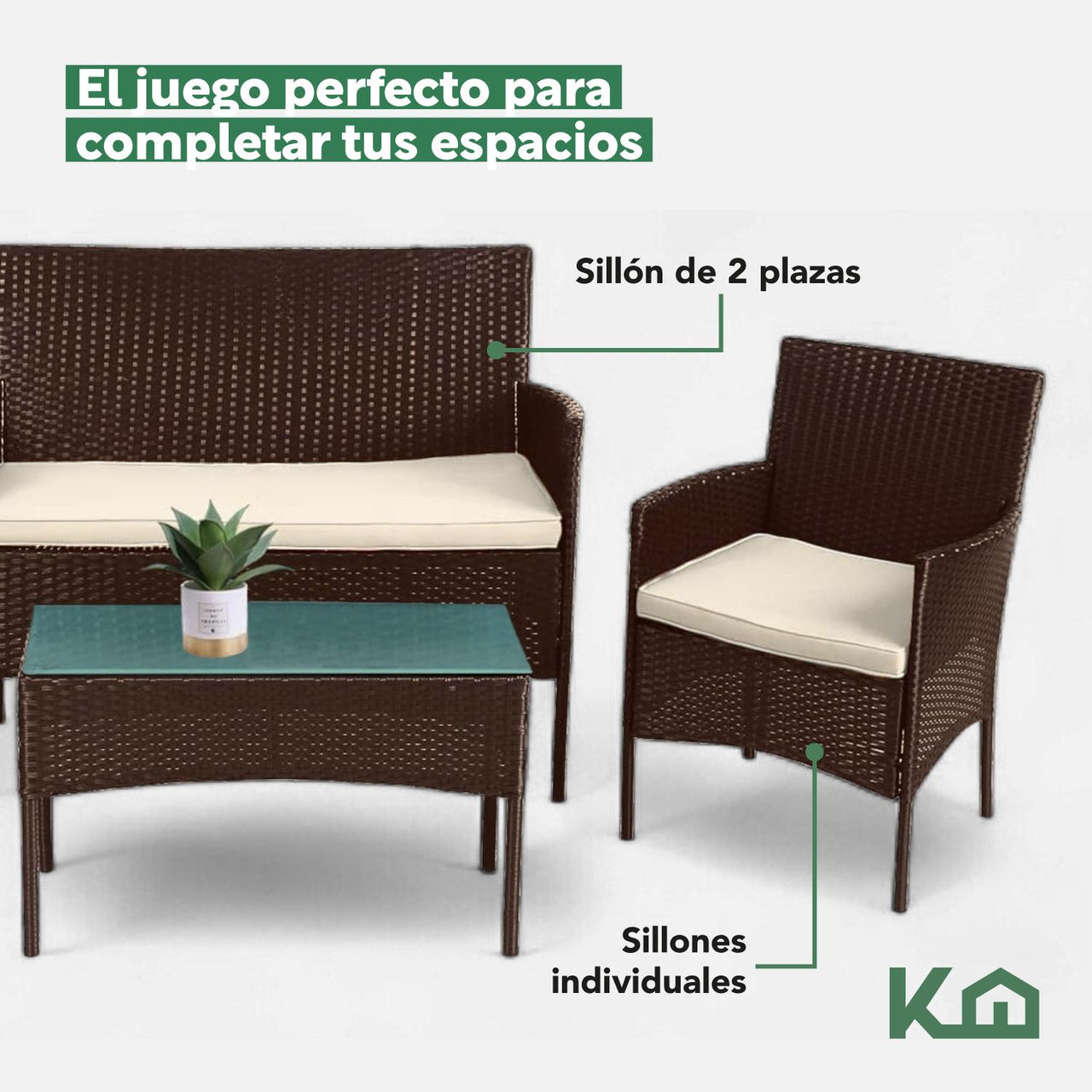 Sala Rattan Para Exterior Jardin Mimbre Marron Cojines Beige
