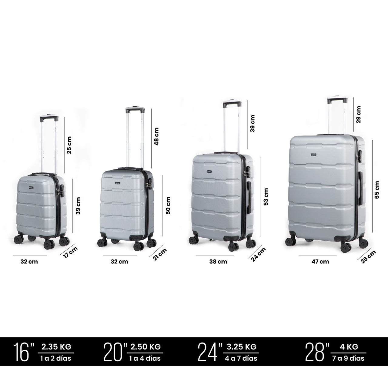 Set de 4 Maletas Rígidas con Ruedas Carry On 10 kg, 20 kg
