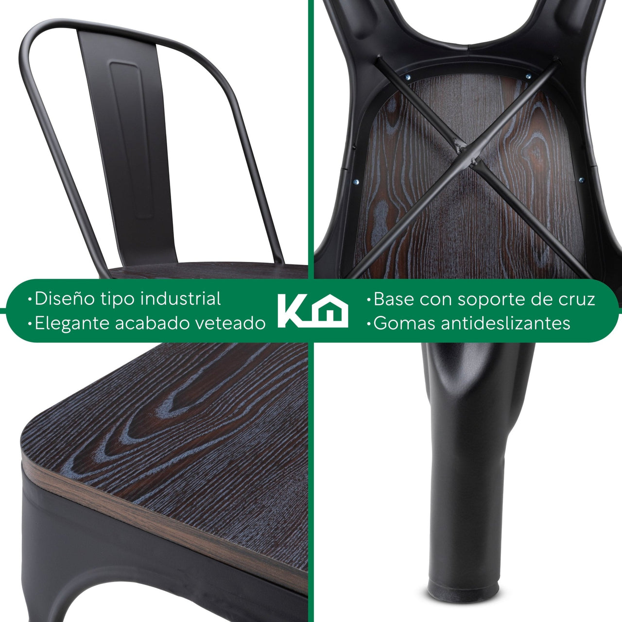 Set De 4 Sillas Tolix Con Asiento De Madera Metalica Acero