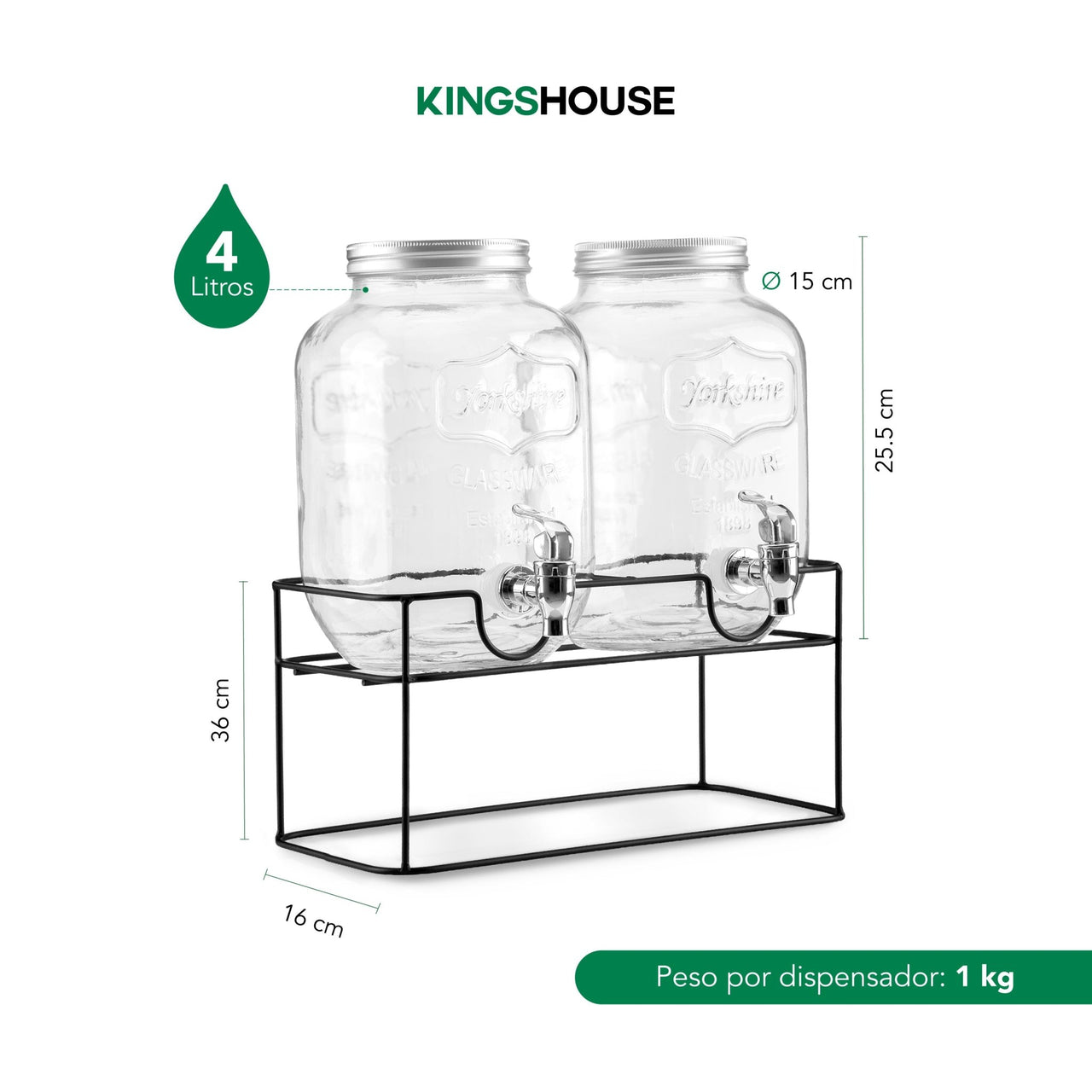 Set De Dispensadores Bebidas 4 Litros Mason Jar Base Metal