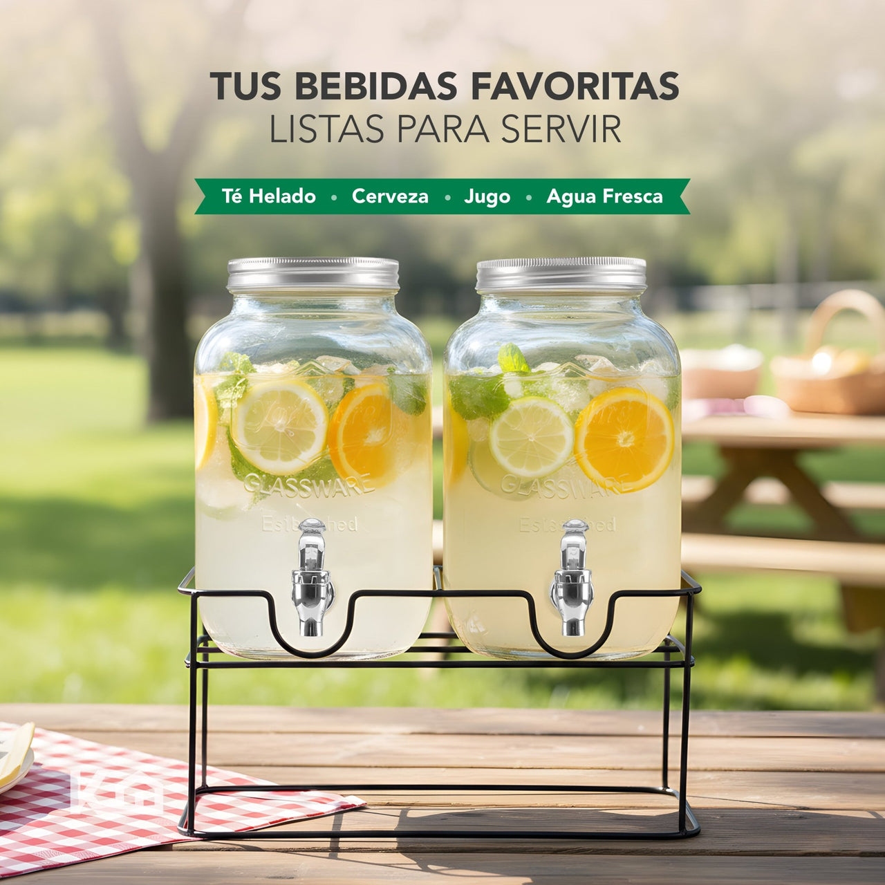 Set De Dispensadores Bebidas 4 Litros Mason Jar Base Metal