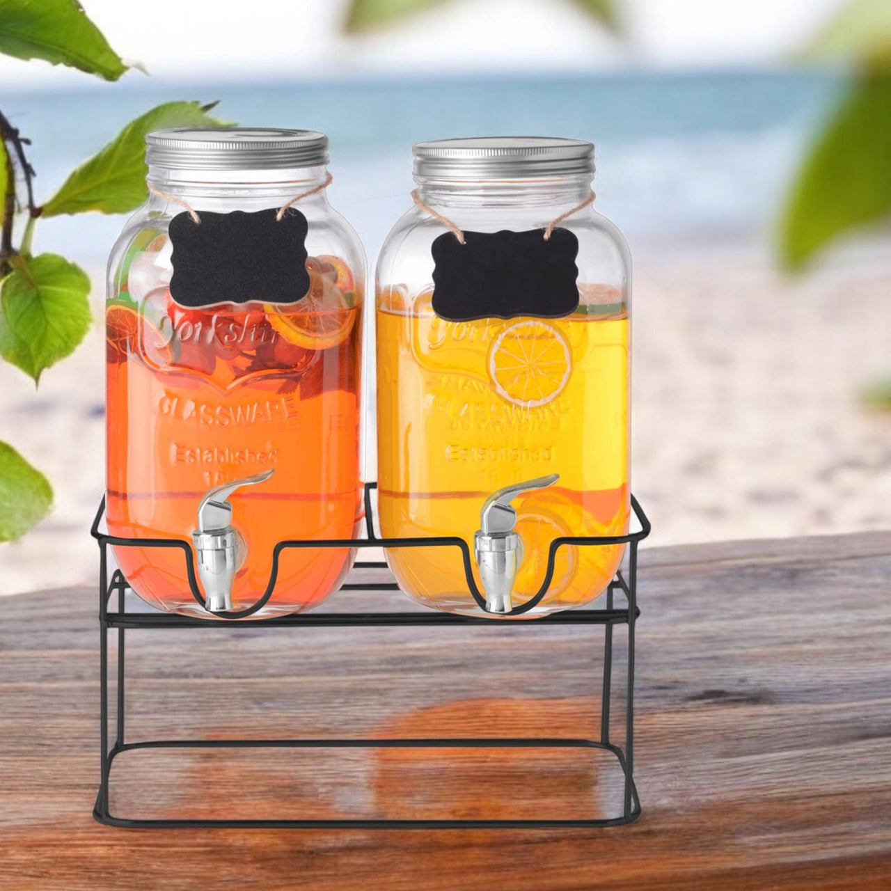 Set De Dispensadores Bebidas 4 Litros Mason Jar Base Metal