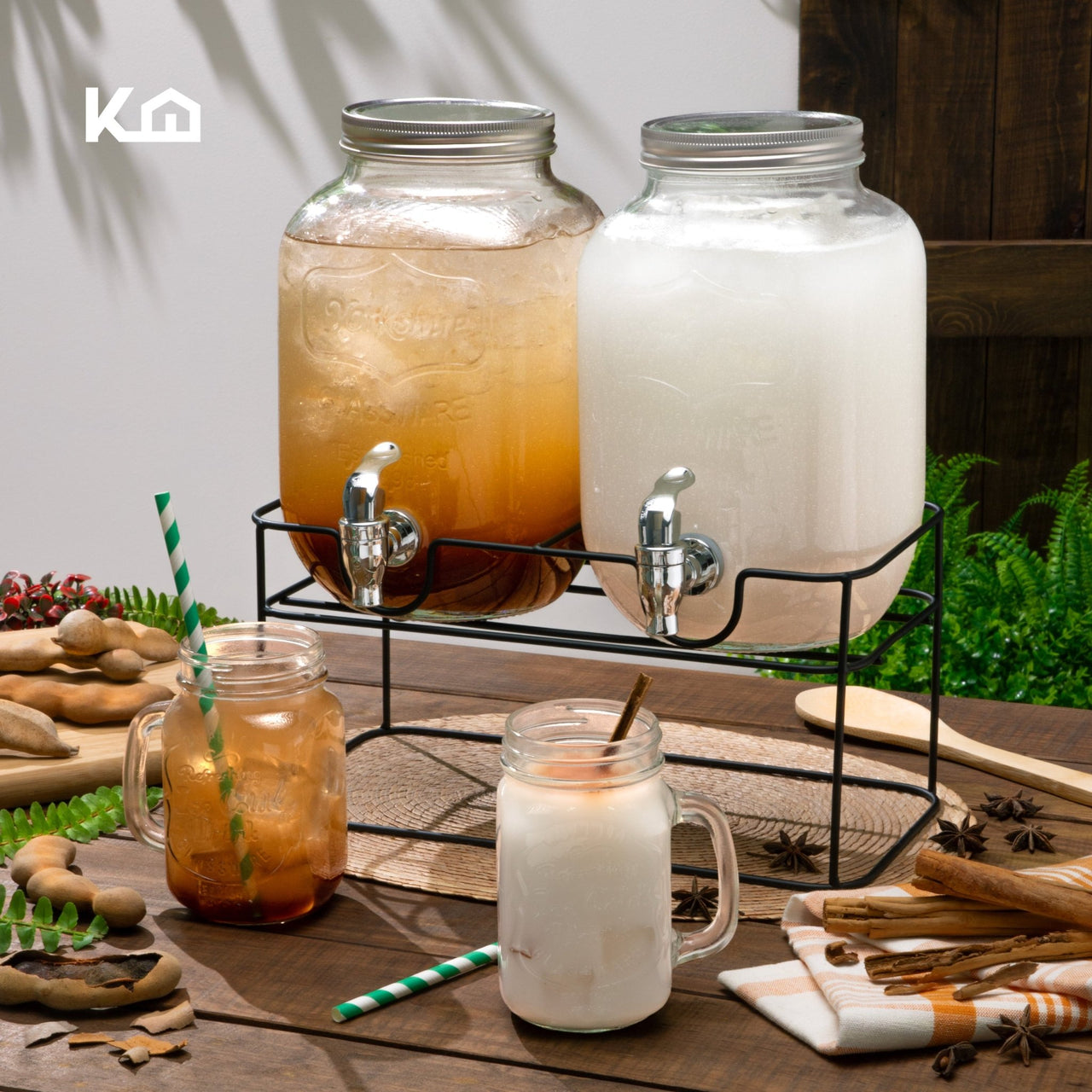 Set De Dispensadores Bebidas 4 Litros Mason Jar Base Metal