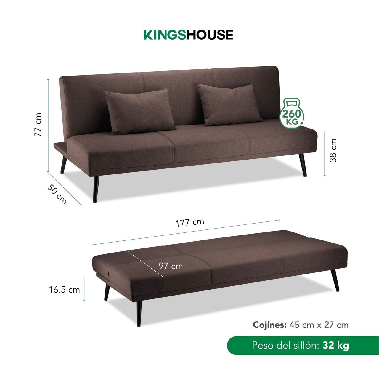 Sofá Cama Individual Reclinable Plegable de 3 Posiciones