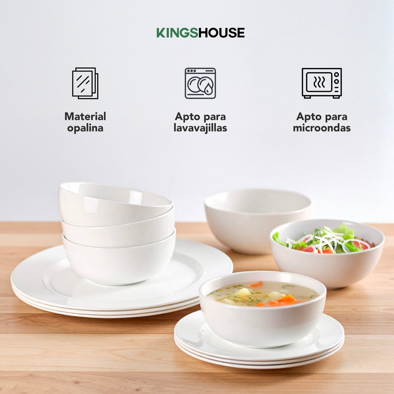 Vajilla 12 Pzas Moderna de Opal Blanca 4 personas KingsHouse
