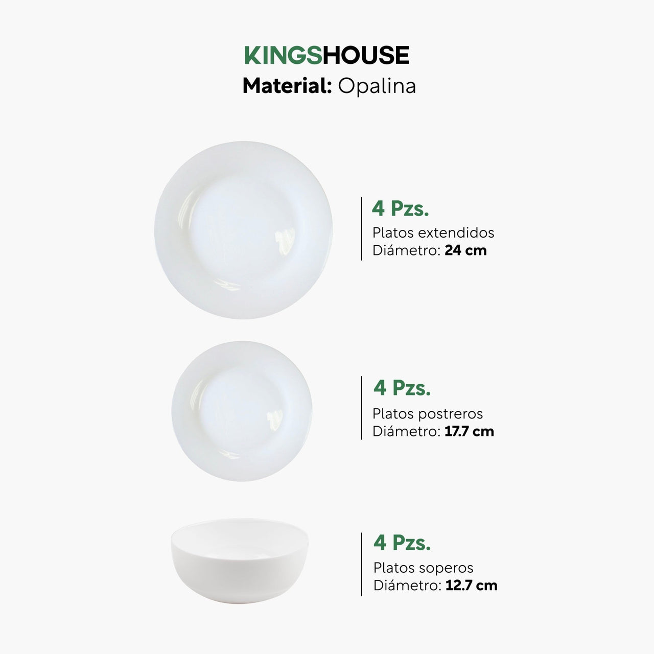 Vajilla 12 Pzas Moderna de Opal Blanca 4 personas KingsHouse