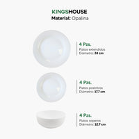 Thumbnail for Vajilla 12 Pzas Moderna de Opal Blanca 4 personas KingsHouse