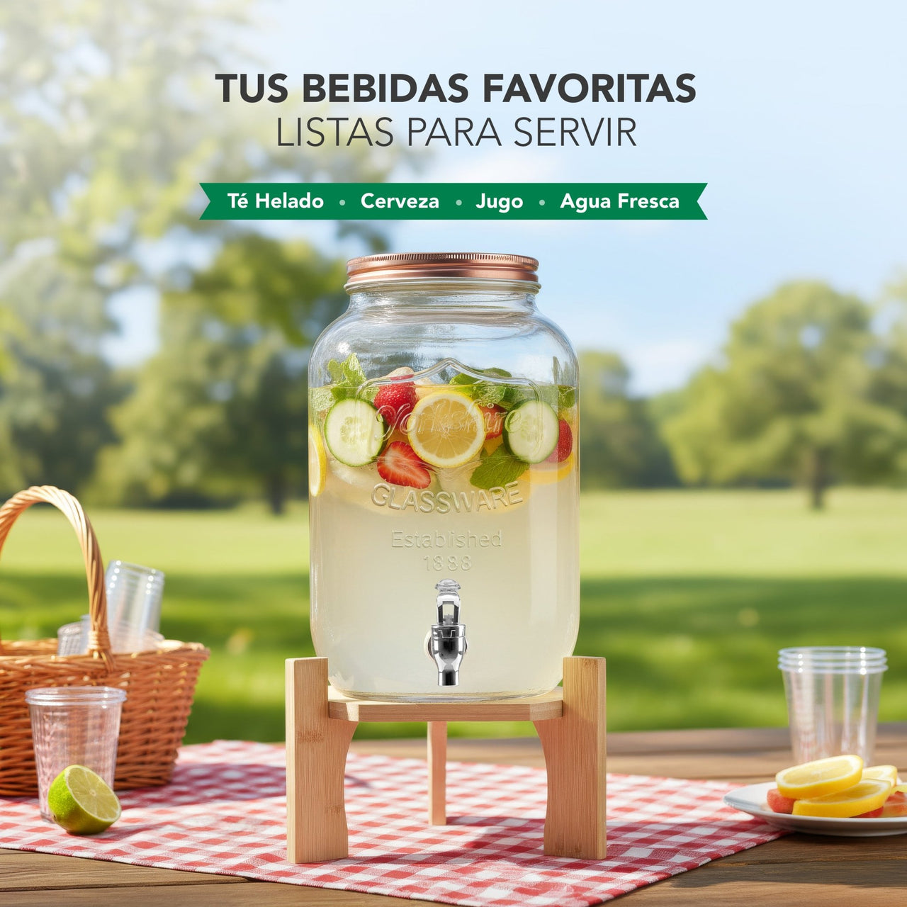 Vitrolero Dispensador de Agua 8L Tapa Hermética Base Bambú