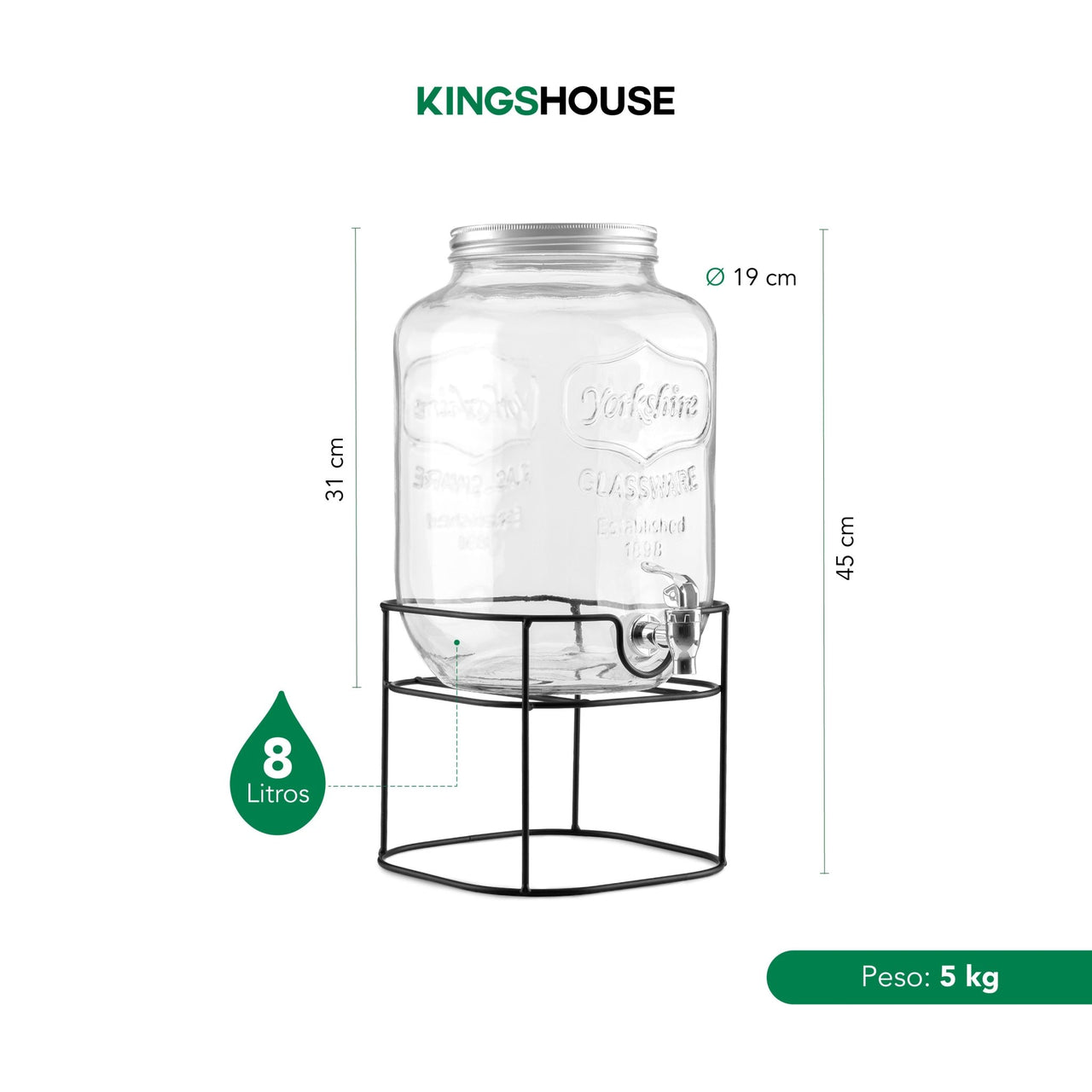 Vitrolero Dispensador de Agua 8L Tapa Hermética Base Metal